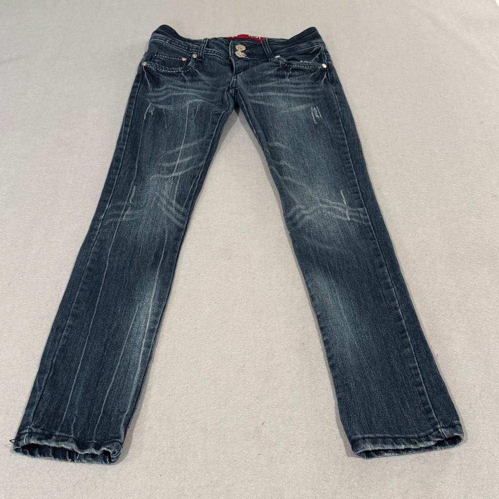 Playboy Skinny Jeans Womens 3/4 (25) Dark Wash Low Rise Rhinestone Y2K Denim